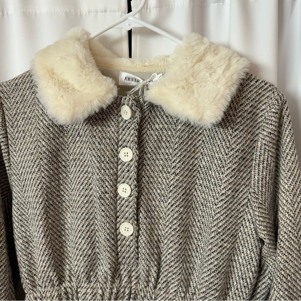 NWT Kawaii Tweed Winter Dress With Cream Faux Fur Peter Pan Collar - Picture 2 of 9